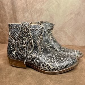 Dingo 866 Gray Snake Print Studded Buckle Strap Zip Up Leather Ankle Booties